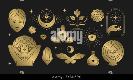 Magic woman boho vector illustrations of graceful feminine women and esoteric symbols set. Mysterious and witchcraft line art design elements. Bohemia Stock Vector