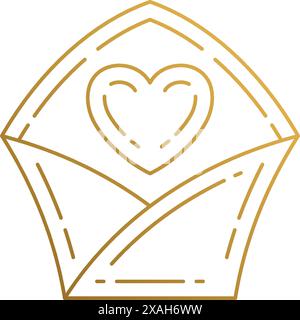 Minimal vector illustration of linear style logo template of open envelope with heart symbolizing love letter hand drawn with golden lines Stock Vector