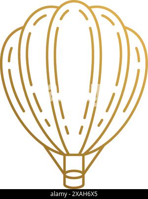 Simple vector illustration of linear style logo design template of elegant flying hot air balloon drawn with thin golden lines Stock Vector