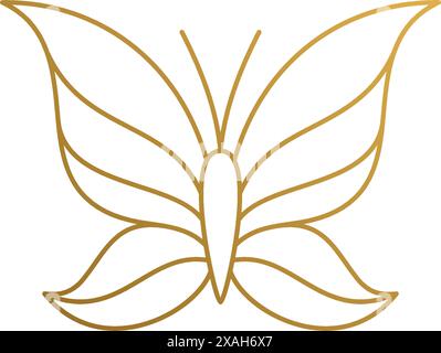 Simple vector illustration of outline graphic logo template of beautiful flying butterfly with striped wings hand drawn with golden lines Stock Vector