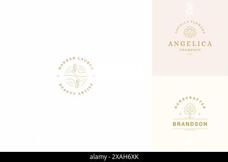 Vector line logos emblems design templates set - female gesture hands and rose illustrations simple minimal linear style. Outline graphics for cosmeto Stock Vector