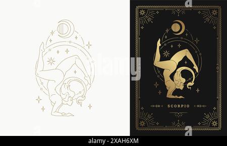 Zodiac scorpio girl character horoscope sign line art silhouette design vector illustration. Beautiful woman as zodiac scorpio golden symbol with fram Stock Vector