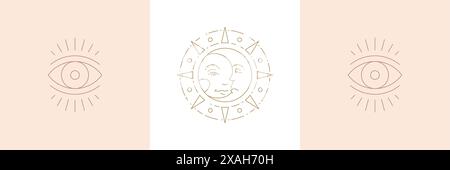 Magic sun with moon and eye of wisdom in boho linear style vector illustrations set. Elegant bohemian emblems in golden lines symbols for mystic desig Stock Vector