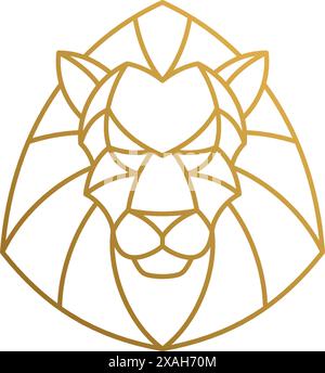 Minimal vector illustration of linear style logo design template of golden geometric lion head as aggressive apex predator Stock Vector