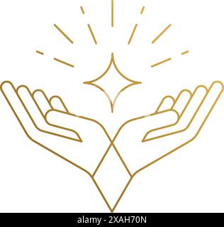 Simple vector illustration of linear style logo design template of elegant crossed female hands with open palms drawn with golden lines Stock Vector