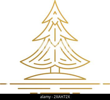 Simple vector illustration of linear style emblem design template of spruce growing in forest hand drawn with thin golden lines Stock Vector