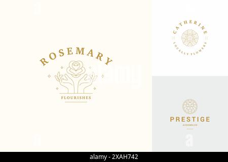 Vector line logos emblems design templates set - female gesture hands and rose illustrations simple minimal linear style. Outline graphics for cosmeto Stock Vector