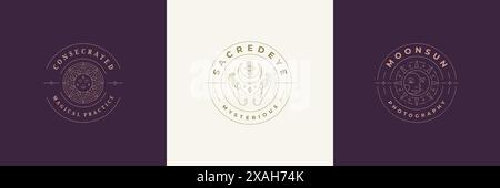 Esoteric logos emblems design templates set with mystic moon and magic sun vector illustrations minimal linear style. Outline symbols for magical logo Stock Vector