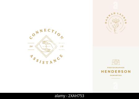 Vector line logos emblems design templates set - female gesture hands illustrations simple minimal linear style. Outline graphics for cosmetology bran Stock Vector