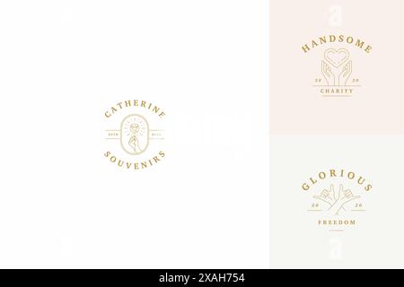 Vector line logos emblems design templates set - female gesture hands illustrations simple minimal linear style. Outline graphics for cosmetology bran Stock Vector