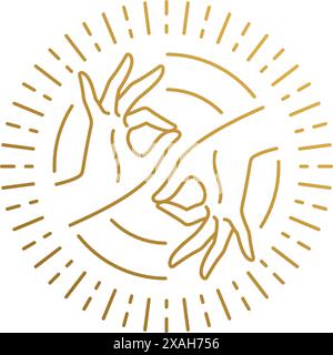 Minimal vector illustration of linear style emblem template of female hands doing Mudra of Knowledge in shiny circle drawn with golden lines Stock Vector