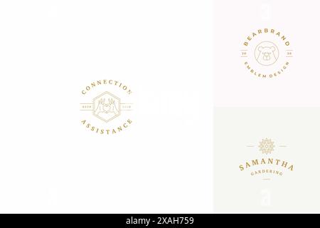 Vector line logos emblems design templates set - female gesture hands illustrations simple minimal linear style. Outline graphics for charity branding Stock Vector