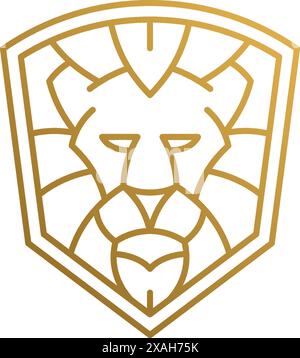 Minimal vector illustration of shield shap linear style logo design template of golden geometric lion head as aggressive apex predator Stock Vector