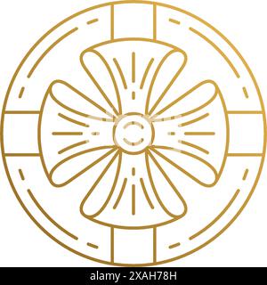 Simple vector illustration of round shaped linear style emblem template of present box with tied bow hand drawn with golden lines Stock Vector