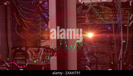 Composite image of bright spot of light and data processing against computer server room Stock Photo