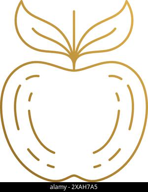 Simple vector illustration of minimal linear style emblem template of whole ripe apple with leaves hand drawn with golden lines Stock Vector
