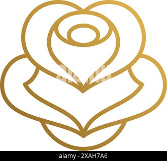 Simple vector illustration of minimal linear style emblem design template of elegant beautiful rose hand drawn with thin golden lines Stock Vector