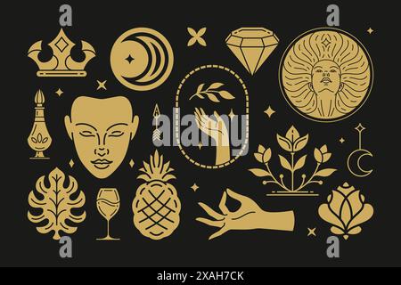 Esoteric magic and witch vector design elements set with female hands gestures. Hand drawn silhouettes, spiritual stickers collection. Witchcraft symb Stock Vector