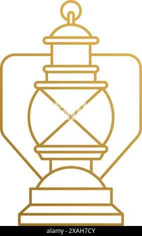 Simple vector illustration of linear style emblem design template of elegant vintage oil lamp hand drawn with thin golden lines Stock Vector