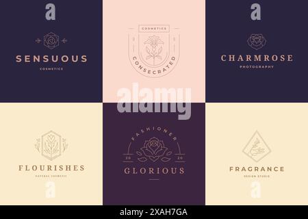 Flower logos emblems design templates set with botanical plants and rose vector illustrations minimal linear style. Outline symbols for cosmetics and Stock Vector