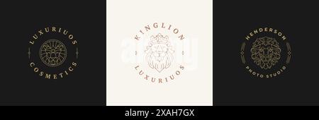 Lion head logos templates set linear vector illustration. Elegant emblems design designed for successful business brand or luxury products packaging l Stock Vector