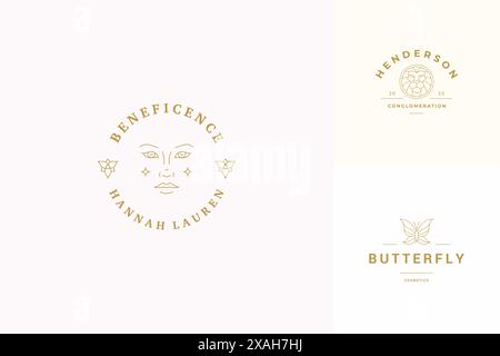 Vector line logos emblems design templates set - female face and butterfly illustrations simple minimal linear style. Outline graphics for make up art Stock Vector