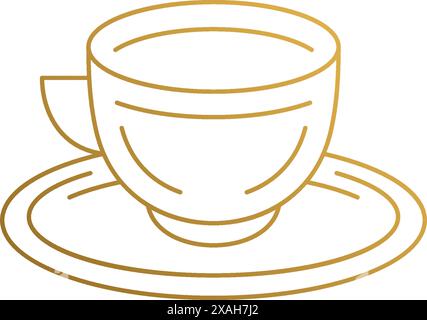 Minimal vector illustration of linear style emblem of cup of hot drink on saucer hand drawn with thin golden lines Stock Vector