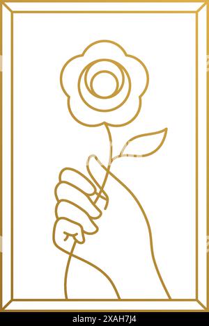 Minimal vector illustration of outline logo template of female hand holding beautiful flower in rectangular frame drawn with golden lines Stock Vector