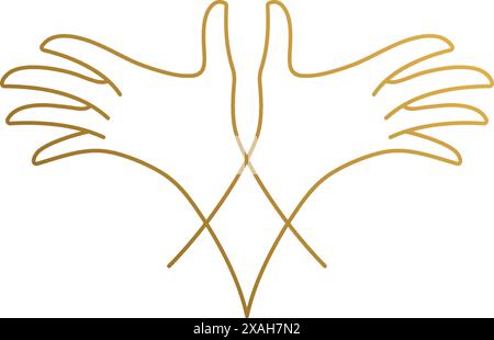 Simple vector illustration of linear style logo design template of elegant crossed female hands with open palms drawn with golden lines Stock Vector