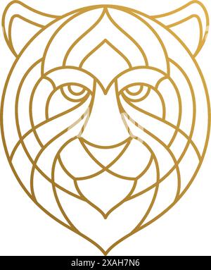 Minimal vector illustration of linear style emblem design template of geometric head of tiger as apex predator drawn with golden lines Stock Vector