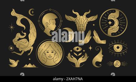 Magic woman boho vector illustrations of graceful feminine women and esoteric symbols set. Mysterious and witchcraft line art design elements. Bohemia Stock Vector