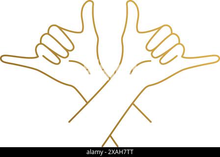 Simple vector illustration of linear style logo design template of elegant crossed female hands gesturing shaka with open palms drawn with golden line Stock Vector