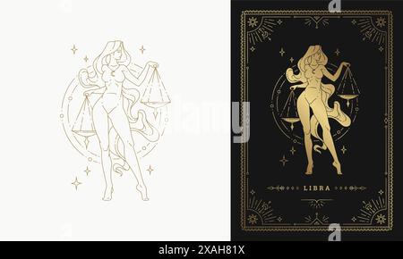 Zodiac libra girl character horoscope sign line art silhouette design vector illustration. Beautiful woman as zodiac libra golden symbol with frame fo Stock Vector