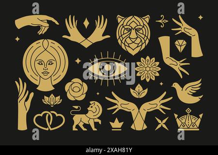 Magic and mystic vector design elements set with female hands gestures. Hand drawn silhouettes, spiritual stickers collection. Witchcraft symbols for Stock Vector