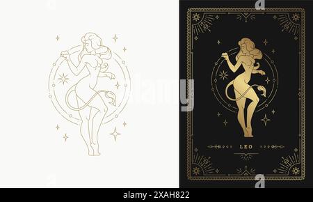 Zodiac leo girl character horoscope sign line art silhouette design vector illustration. Beautiful woman as zodiac leo golden symbol with frame for fe Stock Vector