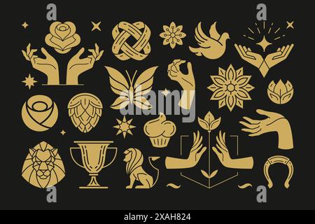 Esoteric magic and witch vector design elements set with female hands gestures. Hand drawn silhouettes, spiritual stickers collection. Witchcraft symb Stock Vector