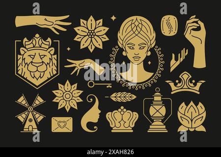 Esoteric magic and witch vector design elements set with female hands gestures. Hand drawn silhouettes, spiritual stickers collection. Witchcraft symb Stock Vector