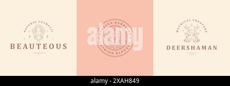 Feminine logos emblems design templates set with magic woman portraits vector illustrations minimal linear style. Outline symbols for makeup cosmetics Stock Vector