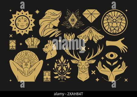 Esoteric magic and witch vector design elements set with female hands gestures. Hand drawn silhouettes, spiritual stickers collection. Witchcraft symb Stock Vector