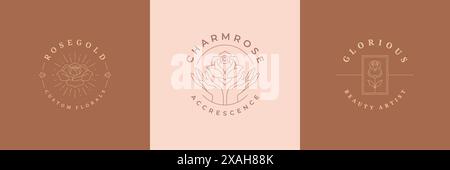 Flowers logos emblems design templates set with botanical plants and rose vector illustrations minimal linear style. Outline symbols for cosmetics and Stock Vector