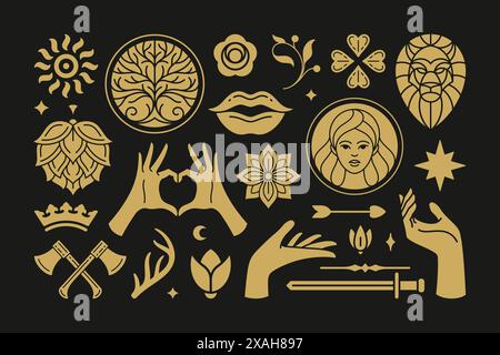 Esoteric magic and witch vector design elements set with female hands gestures. Hand drawn silhouettes, spiritual stickers collection. Witchcraft symb Stock Vector