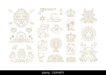 Esoteric and mystic linear symbols set vector illustrations. Female head, magic eye, witchcraft emblems and other line art elements isolated on backgr Stock Vector