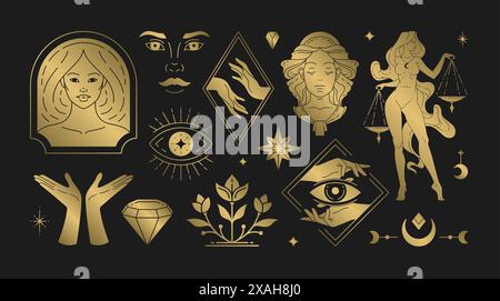 Magic woman boho vector illustrations of graceful feminine women and esoteric symbols set. Mysterious and witchcraft line art design elements. Bohemia Stock Vector