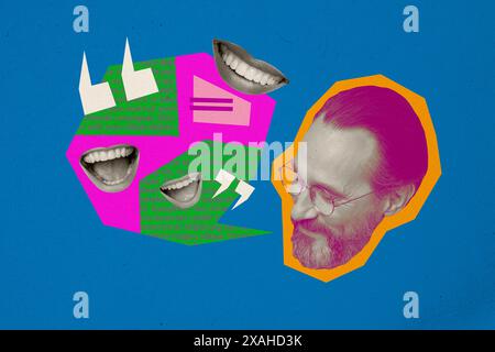 Creative abstract template collage of mature man head connection talking mouth fantasy billboard comics zine minimal Stock Photo