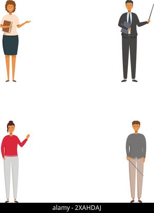 Four isolated cartoon illustrations of professionals with different poses on white background Stock Vector