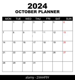 October 2024 Calendar. Week starts on Monday. Blank Calendar Template. Fits Letter Size Page. Stationery Design. Simple set calendar 2024. Monthly. Stock Vector