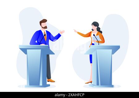 Male and female speakers standing on podium. Vector illustration of politicians discussing on stage. Business persons at conference meeting. Candidate Stock Vector