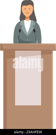 Female politician speaking to public from tribune with microphone making speech Stock Vector