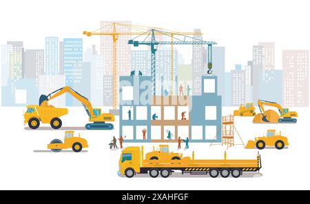 Construction workers on the construction site with construction machinery, illustration Stock Vector