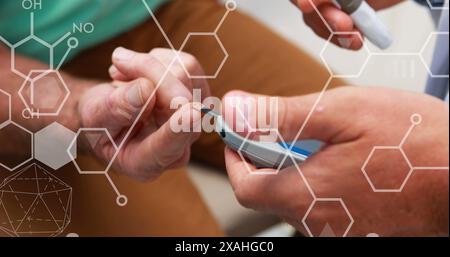 Image of chemistry formulas test over patient using glucose meter Stock Photo